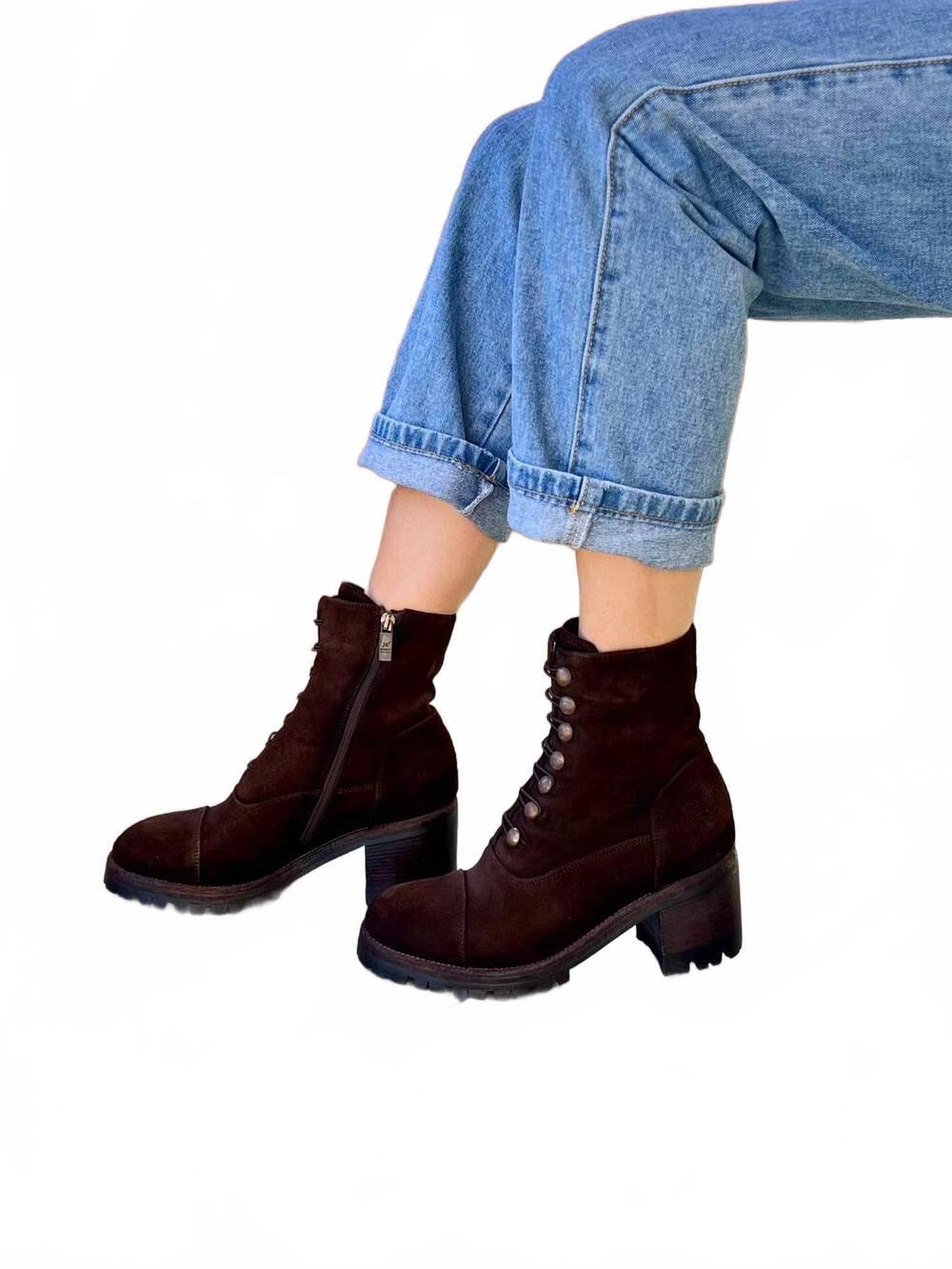 NEW JO GHOST women's distressed suede lace-up block ankle boots in ebano